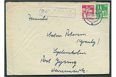 10 pfg. og 20 pfg. på brev stemplet Flensburg d. 23.11.1950 og sidestemplet (24) Ellund über Flensburg til Lydersholm pr. Jejsing, Danmark.