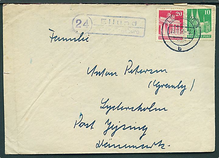 10 pfg. og 20 pfg. på brev stemplet Flensburg d. 23.11.1950 og sidestemplet (24) Ellund über Flensburg til Lydersholm pr. Jejsing, Danmark.