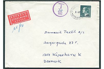 75 öre Carl Gustaf single på underfrankeret ekspresbrev fra Stockholm d. 21.8.1974 til København, Danmark. Violet portostempel T 700/100, men ikke udtakseret i dansk porto.