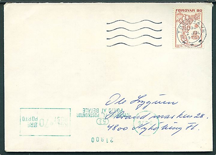 90 øre Landkort på underfrankeret brev fra Tórshavn d. 2.6.1976 til Nykøbing F., Danmark. Udtakseret i 70 øre porto med grønt portomaskinstempel.