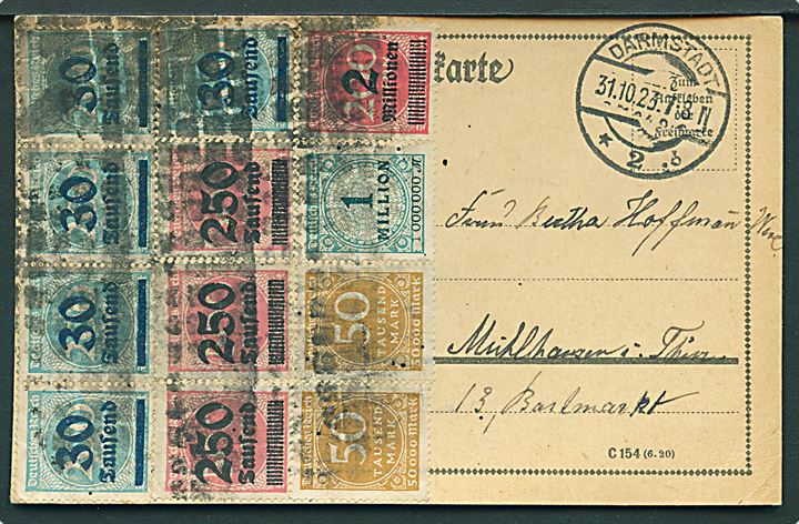 30.000/200 mk. (5), 50.000 mk. (2), 250.000/500 mk. (3), 1.000.000 mk. og 2.000.000/200 mk. infla udg. på 4.000.000 mk. frankeret brevkort fra Darmstadt d. 31.10.1923 til Mühlhausen. 