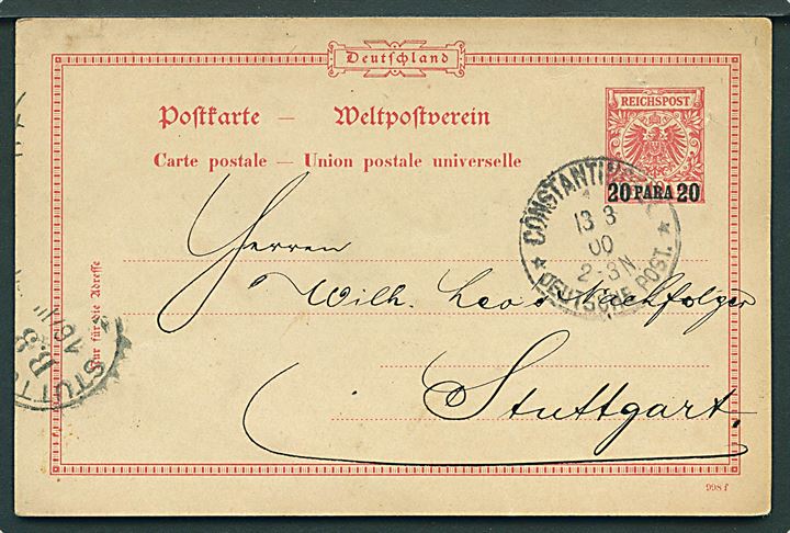 20 para/20 pfg. provisorisk helsagsbrevkort stemplet Constantionpel * Deutsche Post d. 13.3.1900 til Stuttgart, Tyskland.