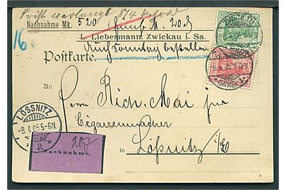 5 pfg. og 10 pfg. Germania på brevkort med postopkrævning fra Zwickau d. 8.4.1905 til Lössnitz.