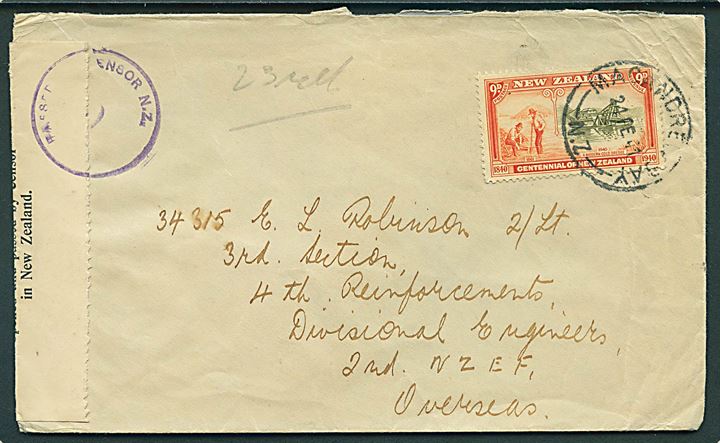 9d på brev stemplet MacAndrew Bay d. 24.2.1941 til soldat ved 2nd New Zealand Expeditionary Force i Nordafrika/Grækenland. Censureret på New Zealand.