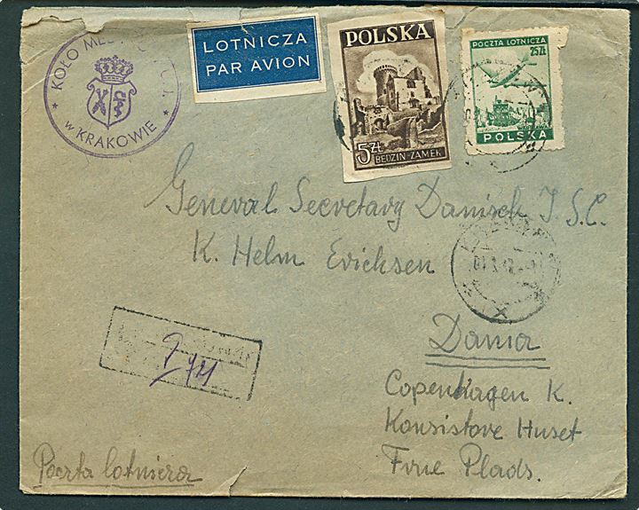 5 zl Bedzin slot og 25 zl. Luftpost på anbefalet luftpostbrev fra Krakow d. 4.3.1947 til København, Danmark. Urent åbnet i toppen.