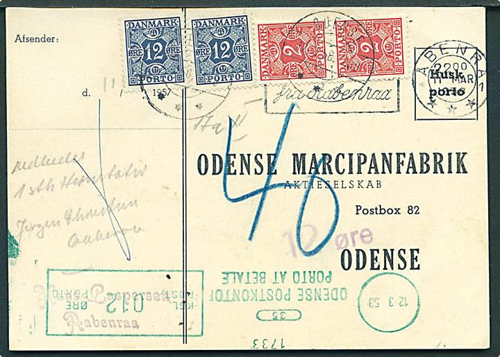 Ufrankeret brevkort fra Aabenraa d. 11.3.1958 til Odense. Først behandlet som enkeltporto tryksag og udtakseret i 12 øre porto med grønt portomaskinstempel, dernæst udtakseret som ufrankeret brevkort og påast yderligere 2 øre (2) og 12 øre (2) Portomærker stemplet Odense d. 12.3.1958.