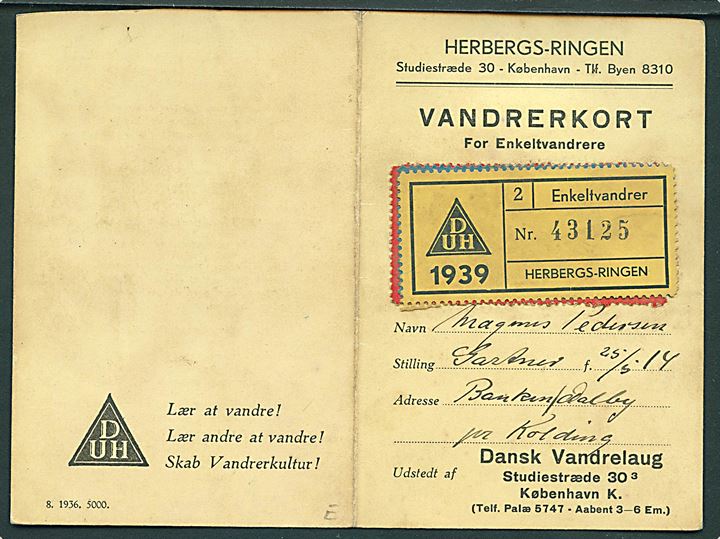 Dansk Vandrelaug - Vandrekort med foto og Herbergs-Ringen mærkat 1939.