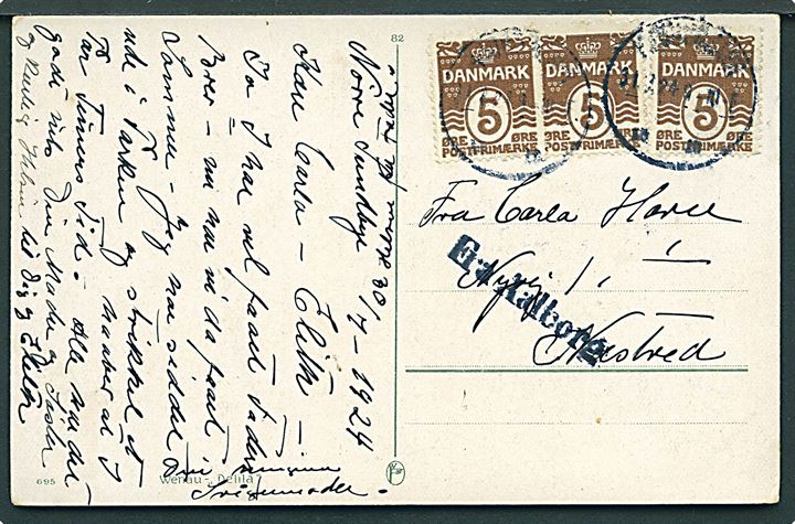 5 øre Bølgelinie (3) på brevkort stemplet Kjøbenhavn d. 31.7.1924 og sidestemplet Fra Aalborg til Næstved.