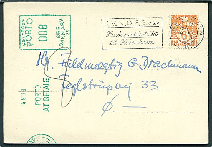 6 øre Bølgelinie med perfin P.H. på underfrankeret tryksagskort fra firma P. Haase & Søn i København d. 19.7.1950. Udtakseret i 8 øre porto med grønt portomaskinstempel.
