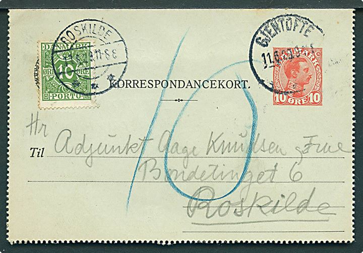 10 øre Chr. X helsagskorrespondancekort fra Gjentofte d. 11.6.1929 til Roskilde. Udtakseret i porto med 10 øre Portomærke stemplet Roskilde d. 11.6.1929.