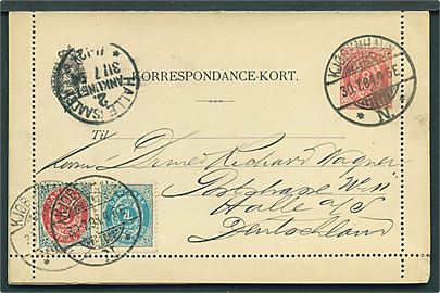 8 øre helsagskorrespondancekort med fuld rand opfrankeret med 4 øre og 8 øre Tofarvet omv. rm. fra Kjøbenhavn d. 30.7.1894 til Halle, Tyskland.