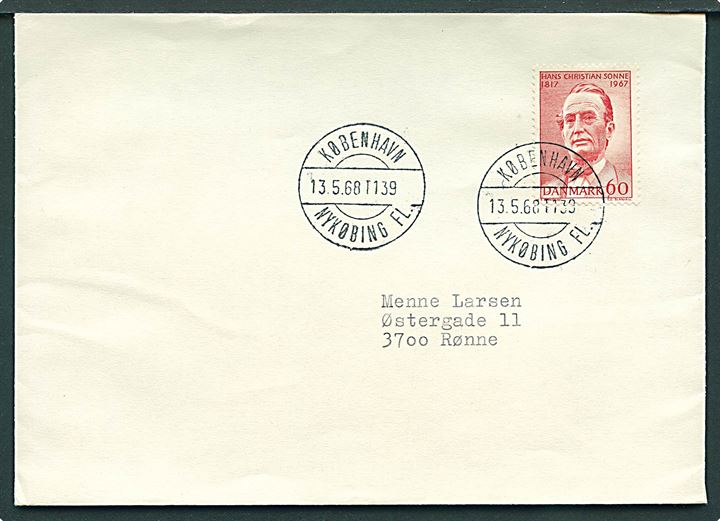 60 øre H. Chr. Sonne på brev annulleret med bureaustempel København - Nykøbing Fl. T.139 d. 13.5.1968 til Rønne. Bagklap mgl.