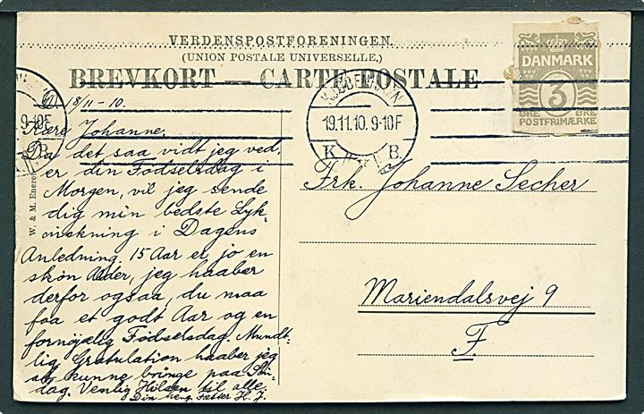 3 øre helsagsafklip anvendt som frankering på lokalt brevkort i Kjøbenhavn d. 19.11.1910.