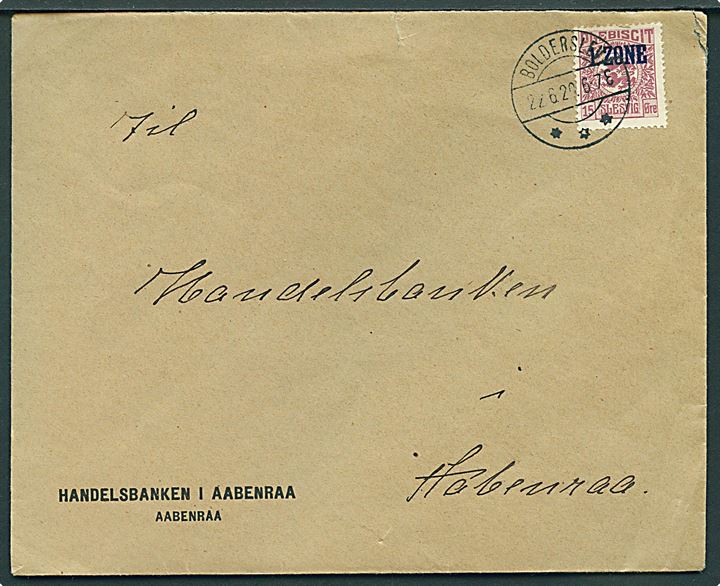15 øre 1. Zone udg. på brev annulleret med brotype IIb Bolderslev d. 22.6.1920 til Aabenraa.