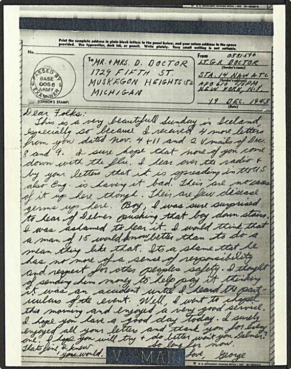Ufrankeret rudekuvert med V-mail dateret 19.12.1943 fra Station 14, North Atlantic Wing, Air Transport Command APO 610 = Keflavik, Island til USA. Base censor no. 0065