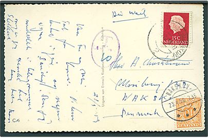 15 c. Vilhelmina på underfrankeret brevkort fra Amsterdam d. 21.34.1959 til Nakskov, Danmark. Udtakseret i porto med 10 øre Portomærke stemplet Nakskov d. 23.4.1959.