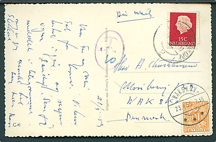 15 c. Vilhelmina på underfrankeret brevkort fra Amsterdam d. 21.34.1959 til Nakskov, Danmark. Udtakseret i porto med 10 øre Portomærke stemplet Nakskov d. 23.4.1959.