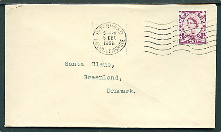 6d Scotland lokal udg. på brev fra Peterhead d. 5.12.1962 til Santa Claus, Greenland, Denmark.