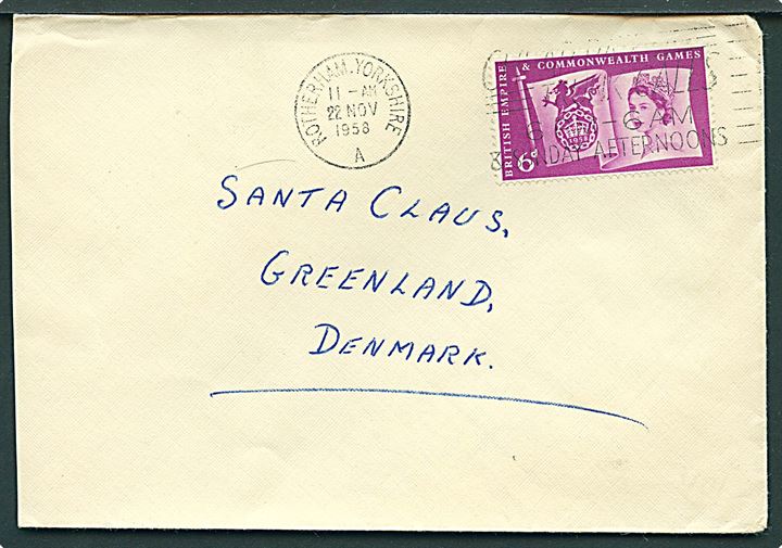 6d Commonwealth Games på brev fra Rotherham d. 22.11.1958 til Santa Claus, Greenland, Denmark.