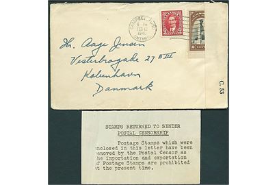 Canadisk 5 cents frankeret brev fra Campbellford d. 12.2.1940 til København, Danmark. Åbnet af canadisk censur C.53 med indlagt meddelelse: “Stamps returned to Sender. Postal Censorship”. 