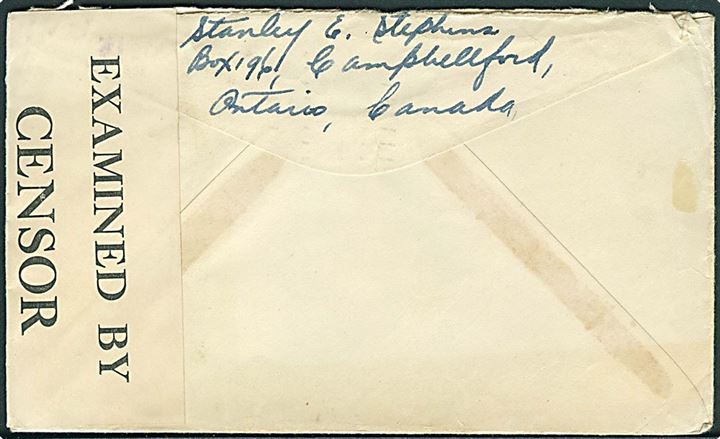 Canadisk 5 cents frankeret brev fra Campbellford d. 12.2.1940 til København, Danmark. Åbnet af canadisk censur C.53 med indlagt meddelelse: “Stamps returned to Sender. Postal Censorship”. 