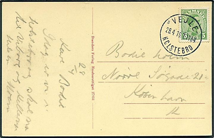 5 øre Chr. X på brevkort fra Holstebro annulleret med klart brotype IIIe bureaustempel Vejle - Holstebro sn3 T.1184 d. 28.4.1916 til København. Smukt aftryk.