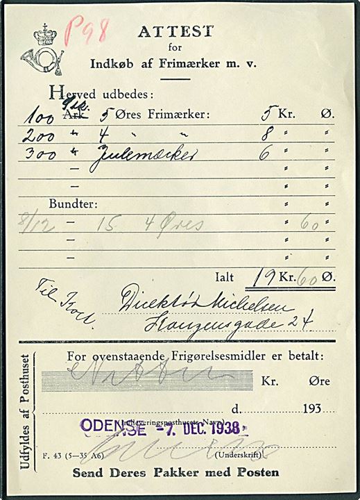 Attest for Indkøb af Frimærker m.v. F.43 (5-35 A6) fra Odense d. 7.12.1938 for indkøb af blandt andet 300 stk. Julemærker.