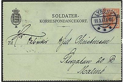 10 øre Soldater-korrespondancekort fra Lyngby d. 19.3.1917 til Malmø, Sverige. Sjælden til udlandet. Lidt fugt skadet.