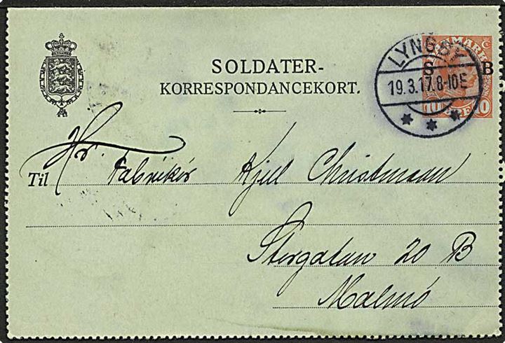 10 øre Soldater-korrespondancekort fra Lyngby d. 19.3.1917 til Malmø, Sverige. Sjælden til udlandet. Lidt fugt skadet.