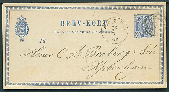 4 øre helsagsbrevkort sendt som tryksag annulleret med nr.stempel 27 og sidestemplet lapidar Hobro d. 26.7.1879 til Kjøbenhavn.