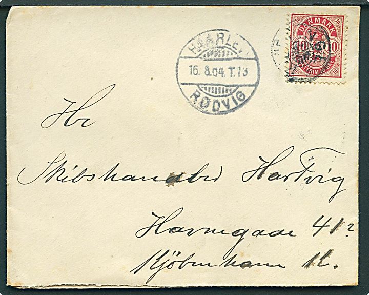 10 øre Våben på brev annulleret med stjernestempel KLIPPINGE og sidestemplet bureau Haarlev - Rødvig T.13 d. 16.8.1904 til Kjøbenhavn.