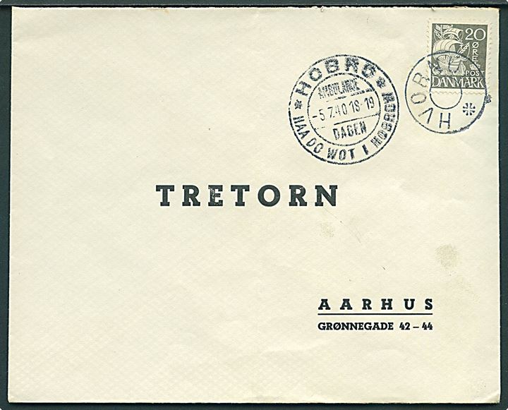 20 øre Karavel på brev annulleret med udslebet stjernestempel HVORNUM og sidestemplet Hobro d. 5.7.1940 til Aarhus.