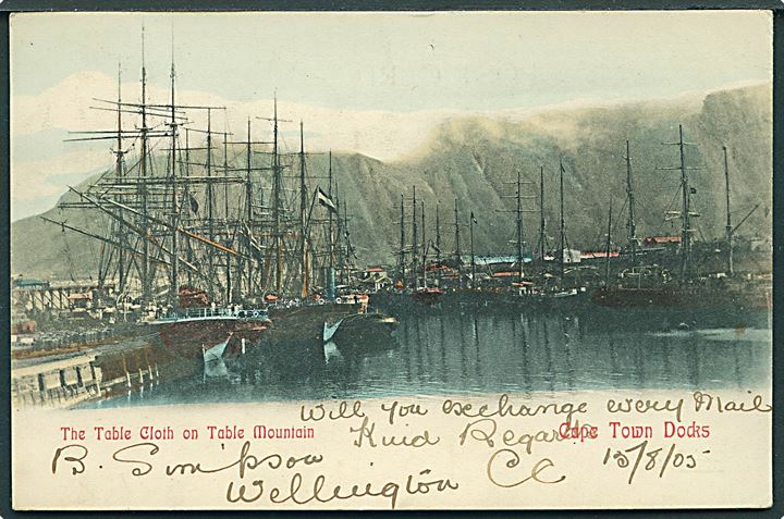 Cape Town, The Table Cloth on Table Mountain. Frankeret med 1d Edward VII stemplet Wellington C.G.H. d. 10.8.1905 til Nakskov, Danmark.