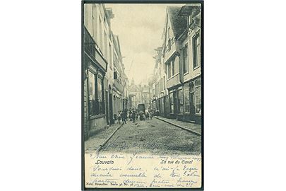 Belgien. Louvain, la rue du Canal. Sendt ufrankeret fra Louvain d. 25.9.1913 til Hellerup, Danmark. Udtakseret i 20 øre dansk porto.