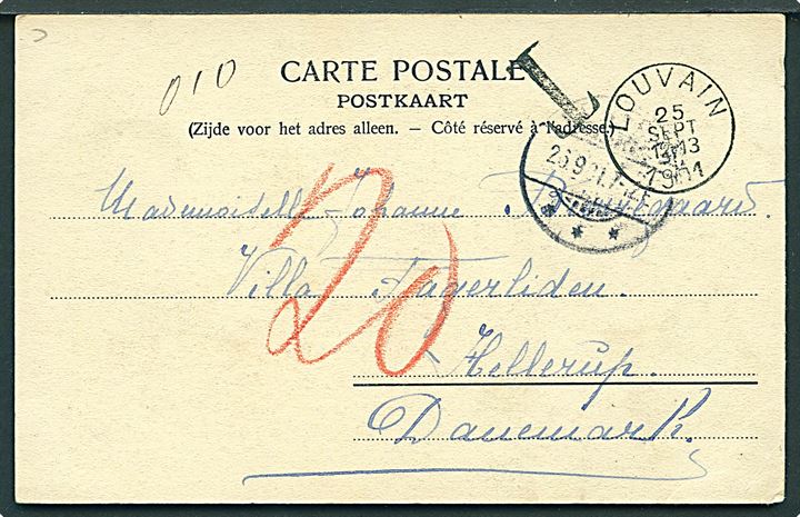 Belgien. Louvain, la rue du Canal. Sendt ufrankeret fra Louvain d. 25.9.1913 til Hellerup, Danmark. Udtakseret i 20 øre dansk porto.