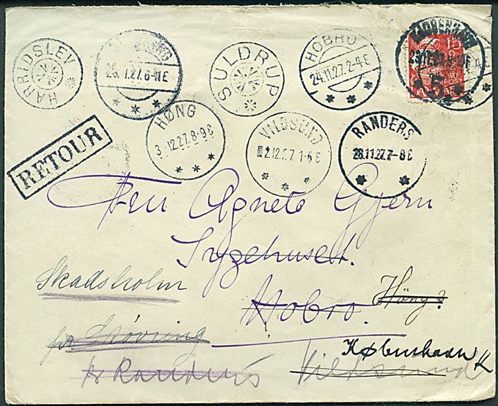 15 øre Karavel på brev fra Kjøbenhavn d. 23.11.1927 til Hobro - forsøgt flere steder og returneret som ubekendt med mange stempler og påtegninger - bl.a. det vanskelige stjernestempel HARRIDSLEV. Skilling 1500,- 