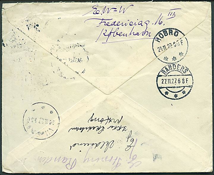 15 øre Karavel på brev fra Kjøbenhavn d. 23.11.1927 til Hobro - forsøgt flere steder og returneret som ubekendt med mange stempler og påtegninger - bl.a. det vanskelige stjernestempel HARRIDSLEV. Skilling 1500,- 
