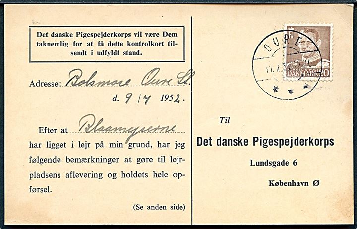 20 øre Fr. IX på brevkort fra Oure d. 11.7.1952 til Det danske Pigespejderkorps i København. Kontrolkort vedr. tilbagemelding vedr. brug af lejrplads.