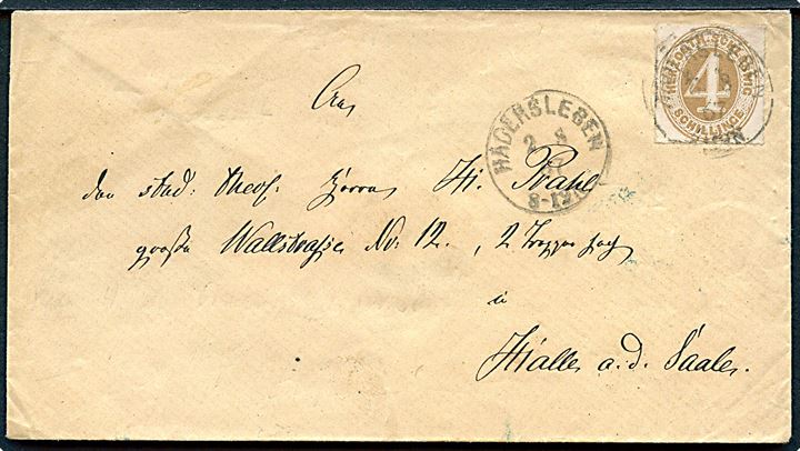 Herzogth. Schleswig 4 Sch. brun stukken kant single på brev annulleret med enringsstempel Hadersleben d. 2.8.1867 til Halle a. d. Saale. 