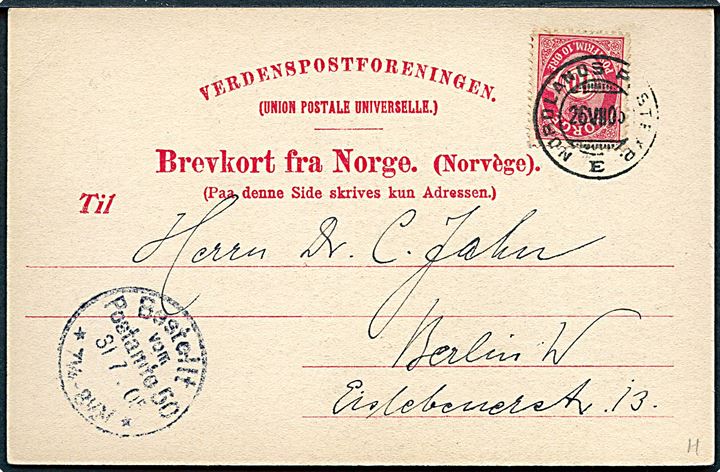 Vadsø, havneparti med damptrawler. N. K. no. 574. Frankeret med 10 øre Posthorn annulleret med sejlende bureaustempel Nordlands Posteksp. E. d. 26.7.1905 til Berlin, Tyskland.