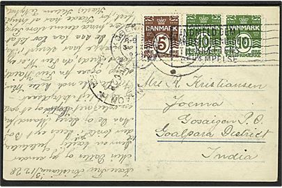 5 øre og 10 øre (par) Bølgelinie på brevkort fra København d. 3.12.1928 til Gosaigaon, Goalpara District, Indien.