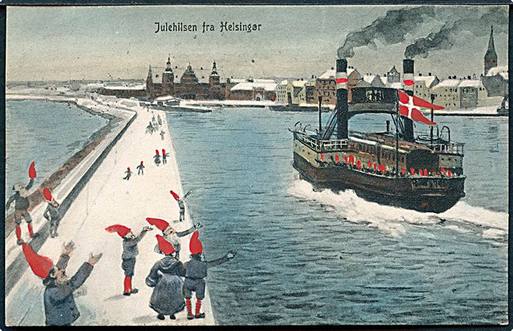 Helsingør, havneparti med Nisser i Gadebilledet og jernbanefærge. J. Møller u/no. Frankeret med 5 øre Fr. VIII og Julemærke 1908 stemplet Helsingør d. 23.12.1908 til Farum.