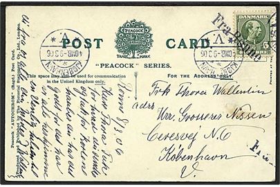 5 øre Chr. IX på brevkort fra Rønne annulleret med skibsstempel Fra Rønne og sidestemplet Kjøbenhavn d. 9.3.1906 til København.