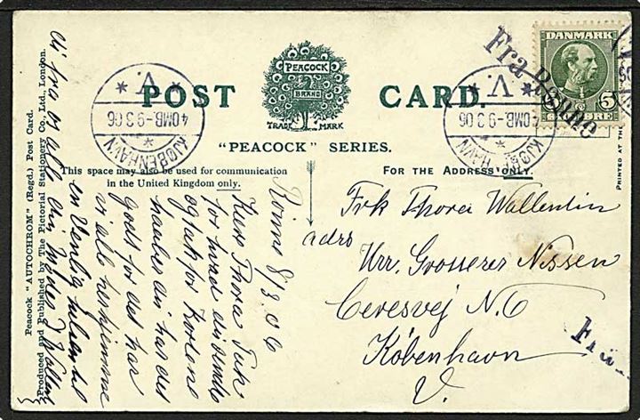 5 øre Chr. IX på brevkort fra Rønne annulleret med skibsstempel Fra Rønne og sidestemplet Kjøbenhavn d. 9.3.1906 til København.
