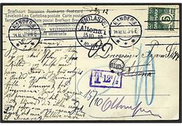5 øre Bølgelinie på underfrankeret brevkort fra Randers d. 14.10.1912 til Altona, Tyskland. Ovalt portostempel Porto og rammestempel T12½. Udtakseret i 10 pfg. tysk porto.