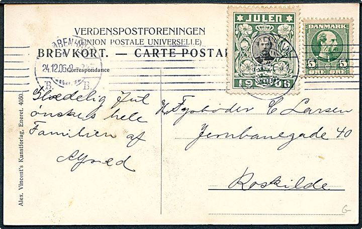 København. Postanvisnings-hilsen med Tivoli. Frankeret med 5 øre Chr. IX og Julemærke 1906 stemplet Kjøbenhavn d. 24.12.1906 til Roskilde.