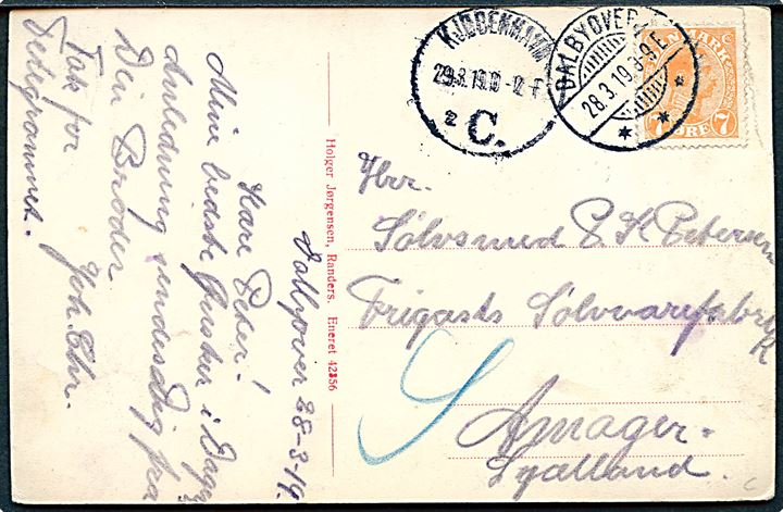 Dalbyovre stationsby. H. Jørgensen no. 42356. Frankeret med 7 øre Chr. X annulleret med brotype Ia Dalbyover d. 28.3.1919 til København.