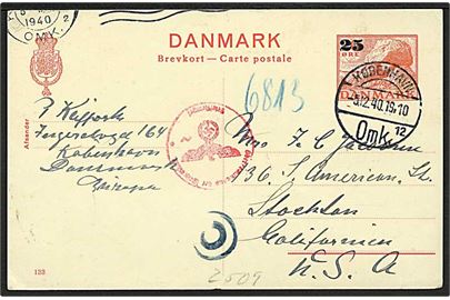 25/20 provisorisk helsagsbrevkort (fabr. 133) fra København d. 5.12.1940 til Stockton, USA. Passér stemplet ved den tyske censur i Berlin.