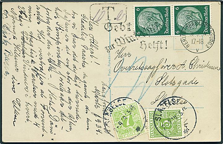 6 pfg. Hindenburg i parstykke på underfrankeret brevkort fra Berlin d. 31.3.1934 til Slagelse, Danmark. Udtakseret i porto med 5 øre og 7 øre Portomærke stemplet Slagelse d. 2.4.1934.