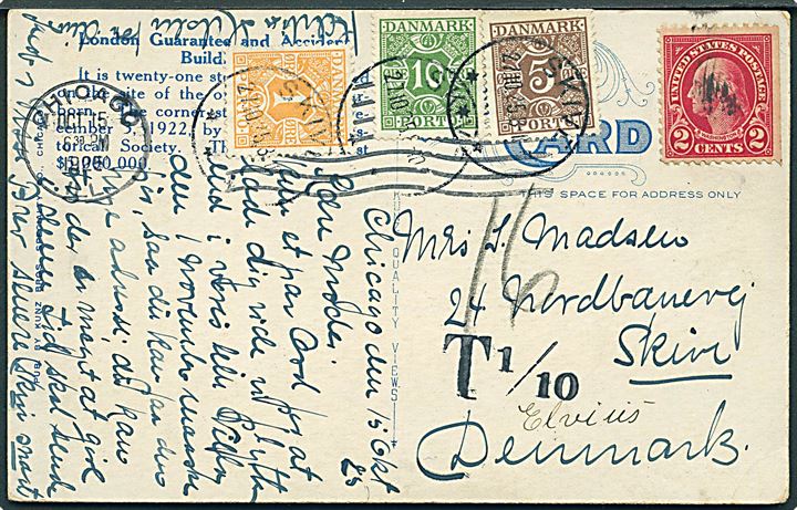 2 c. Washington på underfrankeret brevkort fra Chicago d. 15.10.1925 til Skive, Danmark. Udtakseret i porto med 1 øre, 5 øre og 10 øre Portomærke stemplet Skive d. 27.10.1925.